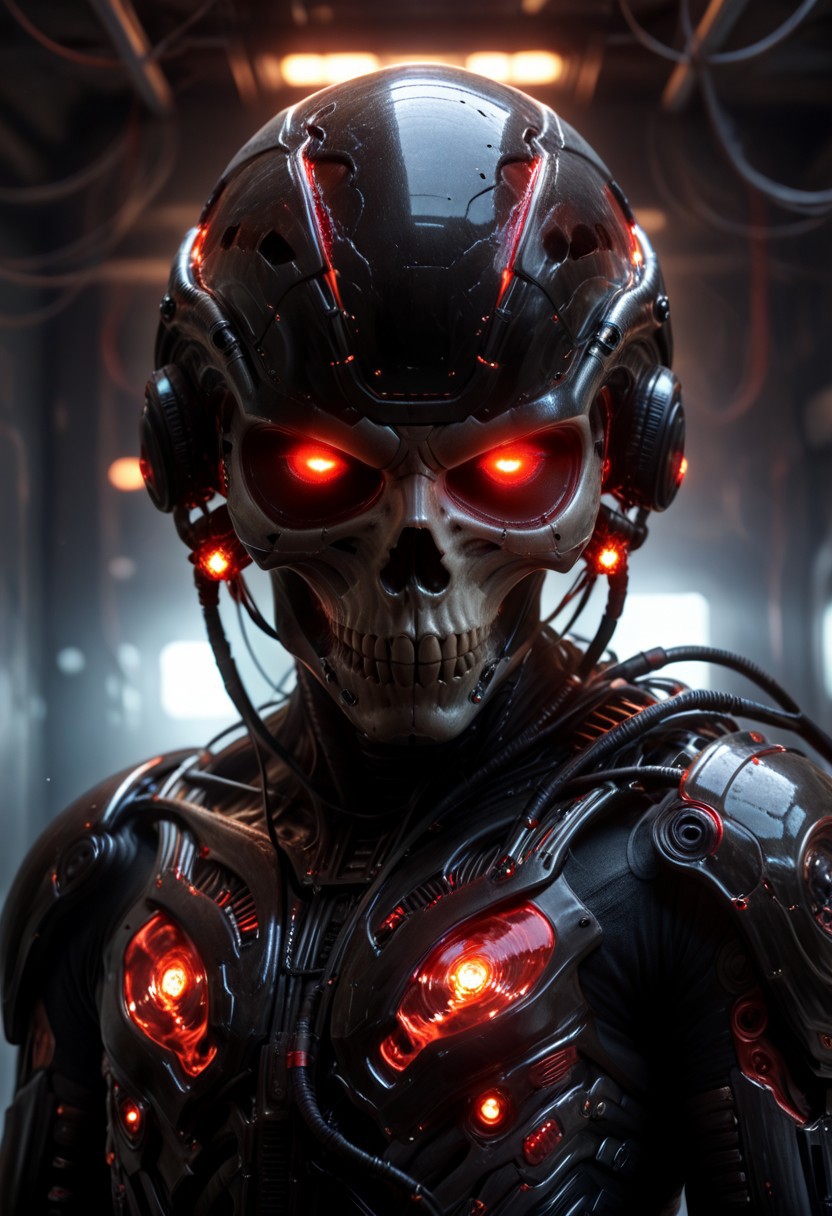 score_9, score_8_up, score_7_up, (1male), BExoS, science fiction, glowing eyes, cyborg, humanoid robot, wires coming out of helmet, black skull helmet, red glowing eyes, looking at viewer, standing, (head and thigh focus), (detailed BExos Background), (photorealistic), (masterpiece),