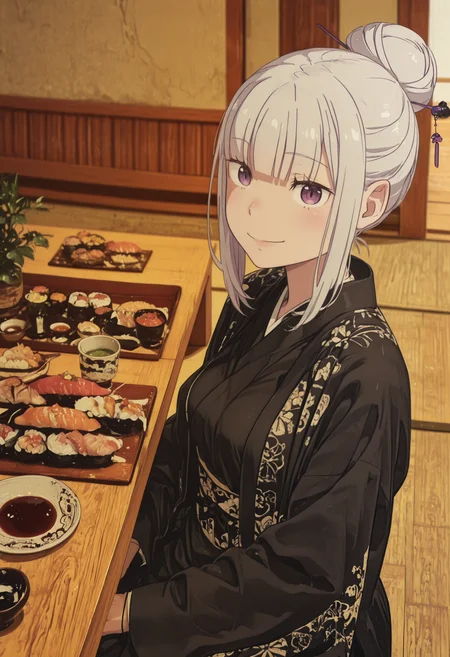 1girl,<lora:Emilia_Season_3_appearance_ReZero:1>,emilia (re:zero),white hair,purple eyes,big smile,single hair bun, hair stick, bangs, hair between eyes,
black kimono, floral print,<lora:nigirizushi:1>, nigirizushi, food, indoors, sitting on floor, table, omakase, sushi plate, cup, soy sauce, saucer, dutch angle, depth of field, dynamic angle, from above, masterpiece, best quality, amazing quality, very aesthetic, absurdres, (scenery, volumetric lighting),<lora:ck-shadow-circuit-IL-000012:1>,in the style of cksc,