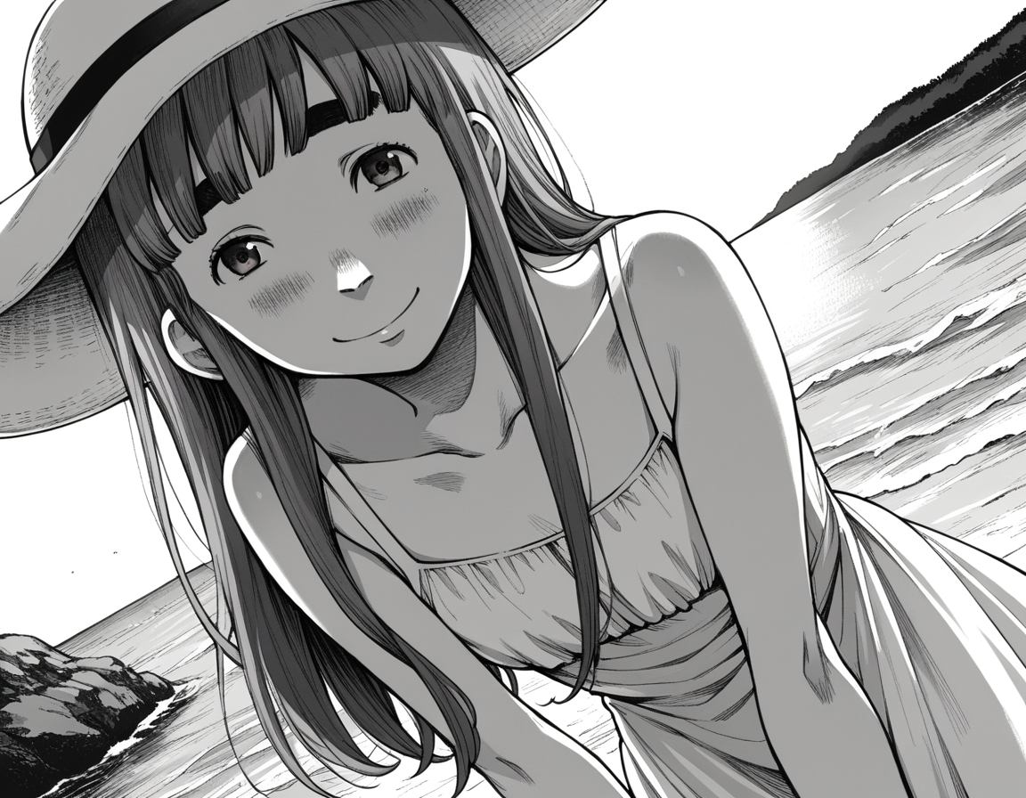 score_9, score_8_up, score_7_up, source_anime,
aikotanaka, <lora:aiko-tanaka-manga-ponyxl-lora-nochekaiser:1>,
aiko tanaka, long hair, bangs, thick eyebrows, blush, greyscale, monochrome,
dress, white dress, collarbone, bare shoulders, sundress, sun hat,
outdoors, beach, bent over, smile,
looking at viewer, cowboy shot, solo, dutch angle,