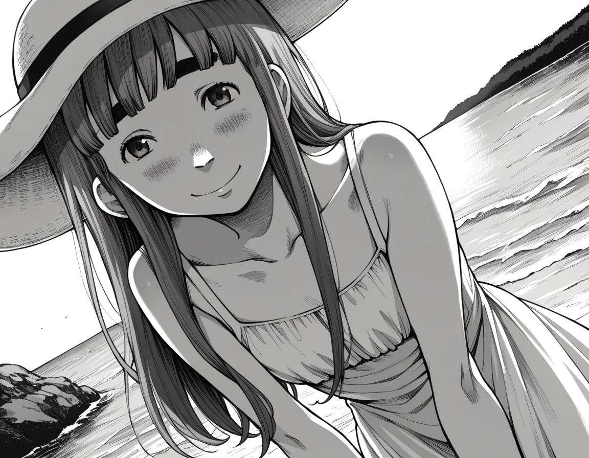 score_9, score_8_up, score_7_up, source_anime,
aikotanaka, <lora:aiko-tanaka-manga-ponyxl-lora-nochekaiser:1>,
aiko tanaka, long hair, bangs, thick eyebrows, blush, greyscale, monochrome,
dress, white dress, collarbone, bare shoulders, sundress, sun hat,
outdoors, beach, bent over, smile,
looking at viewer, cowboy shot, solo, dutch angle,