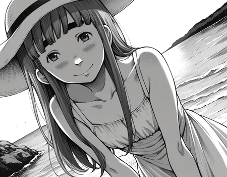 score_9, score_8_up, score_7_up, source_anime,
aikotanaka, <lora:aiko-tanaka-manga-ponyxl-lora-nochekaiser:1>,
aiko tanaka, long hair, bangs, thick eyebrows, blush, greyscale, monochrome,
dress, white dress, collarbone, bare shoulders, sundress, sun hat,
outdoors, beach, bent over, smile,
looking at viewer, cowboy shot, solo, dutch angle,