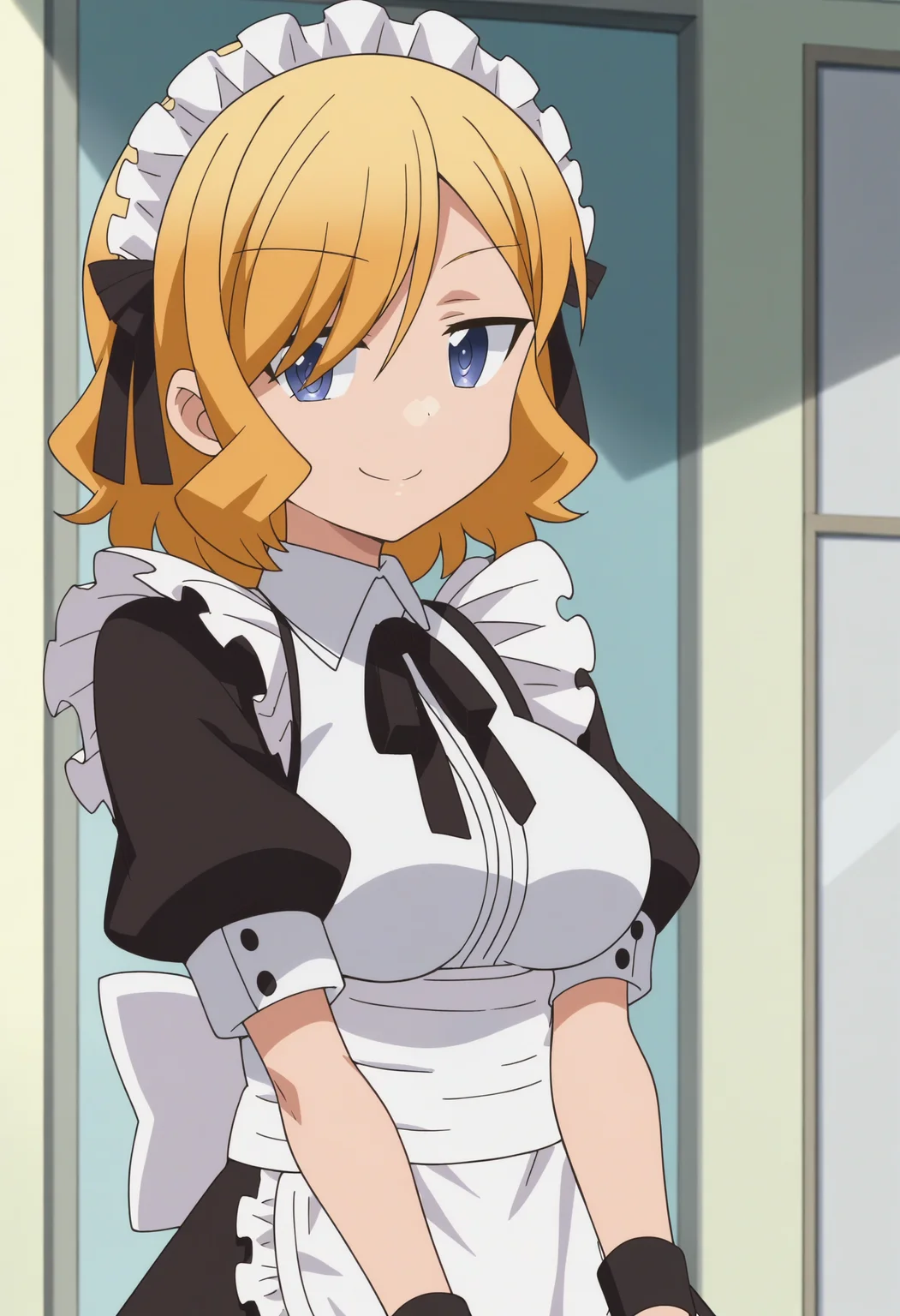 score_9, score_8_up, score_7_up, score_6_up, score_5_up, score_4_up , anime coloring ,BREAK source_anime, anime,screencap,
1boy, solo, hirot, large breasts, crossdressing, otoko no ko, hair over one eye, maid uniform, maid headdress, black hair ribbon,maid apron, wrist cuffs, neck ribbon, <lora:PonyXL Hiro Toyotomi V1:1>
indoors, upper body,
smile, looking at viewer,