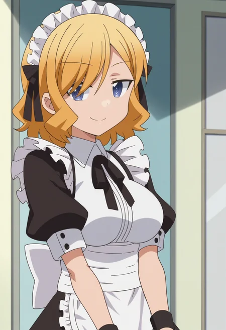 score_9, score_8_up, score_7_up, score_6_up, score_5_up, score_4_up , anime coloring ,BREAK source_anime, anime,screencap,
1boy, solo, hirot, large breasts, crossdressing, otoko no ko, hair over one eye, maid uniform, maid headdress, black hair ribbon,maid apron, wrist cuffs, neck ribbon, <lora:PonyXL Hiro Toyotomi V1:1>
indoors, upper body,
smile, looking at viewer,