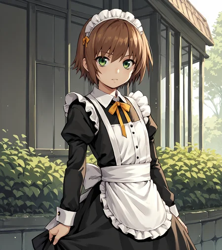 score_9, score_8_up, score_7_up, score_6_up, score_5_up, score_4_up, BREAK source_anime,
1girl, solo, <lora:RitaMordio:0.8>, Rita Mordio, green eyes, brown hair, short hair, flat chest,
maid outfit, maid,
outdoors,
looking at viewer, cowboy shot,,
nyonyonba_tarou,