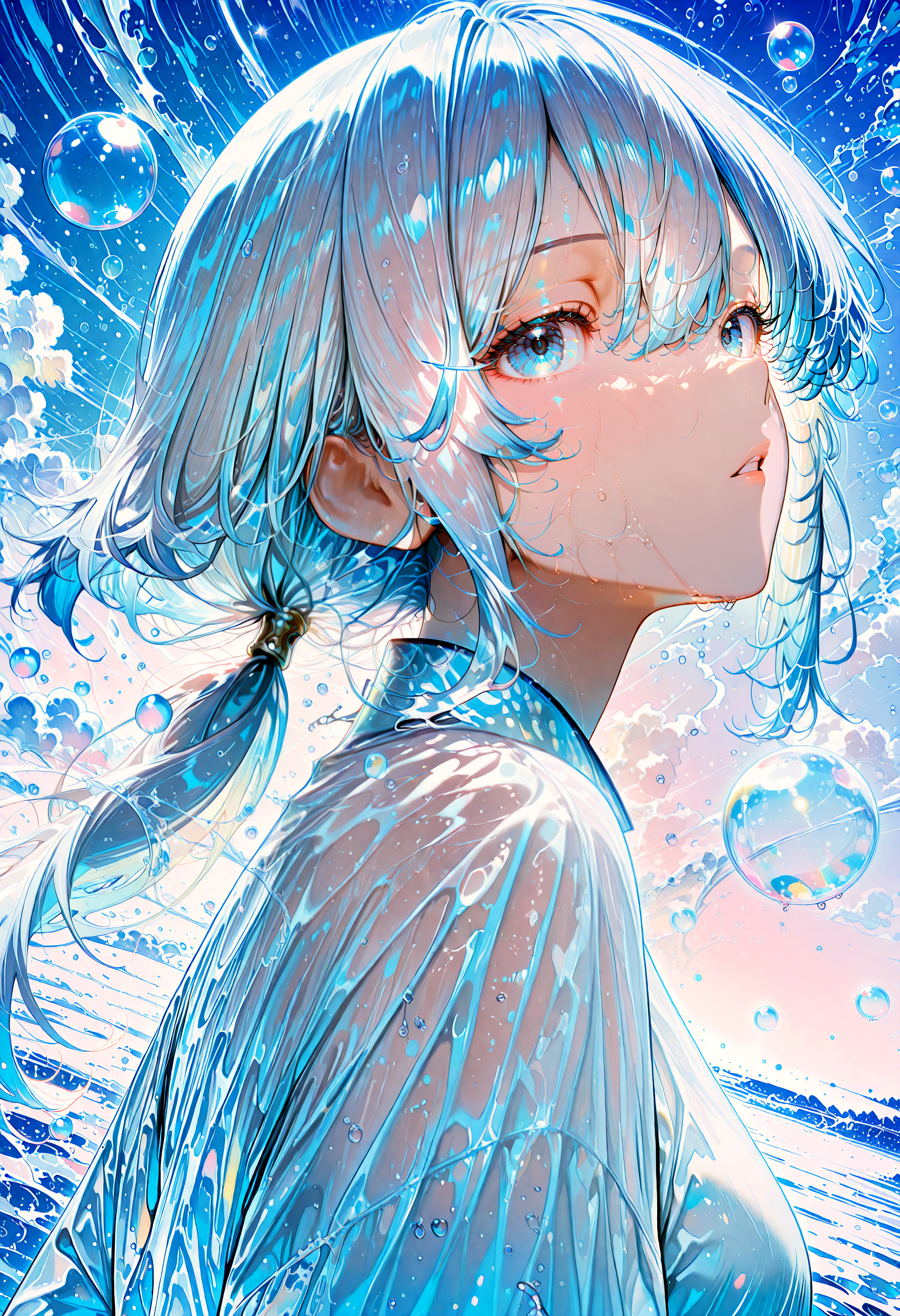 1girl, solo, eyelashes, blue theme, blue eyes, blue hair, looking at viewer, hair between eyes, parted lips, bangs, water, bubble, portrait, low ponytail, ponytail,anime line art, anime shading, dynamic angle,white hair, long sleeves, standing, soft glow, glowy theme, 
 nyonku, nyonku close-up detailed background, detailed foreground,detailed clothing, vibrant colors, detailed hair,masterpiece, best quality,detailed eyes, detailed skin,skin folds,light particles, bokeh,volumetric lighting, dramatic lighting,cinematic,dark,shadow, shallow depth of field, natural light,cinematic shading
