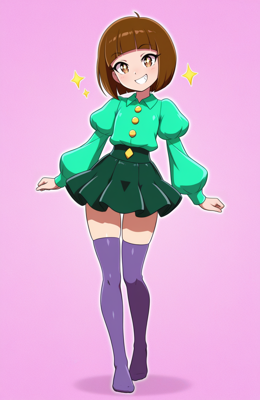 1girl, solo, 
, black button-up shirt, long puffy sleeves, green latex skirt, purple loose thighhighs, no shoes, <lora:BekBry:0.6> bekbry, brown eyes, brown hair, short hair, blunt bangs, petite,
standing, head slightly tilted, sparkling grin, lively eyes, upbeat vibe,  <lora:SevenSirens:1> svnsrn, extremely detailed, highres, masterpiece, best quality