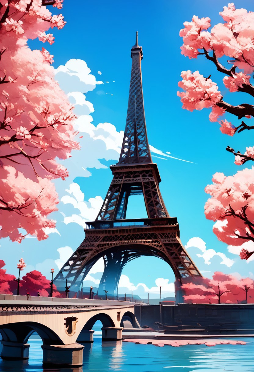 score_9, score_8_up, score_8, medium breasts, (curvy), cute, eyelashes,     
rating safe, 
BREAK,
zzEiffelTower, outdoors, sky, day, cloud, water, tree, blue sky, no humans, cloudy sky, cherry blossoms, scenery, watercraft, bridge, river,
BREAK,
abstract background, 
zPDXL, Expressiveh