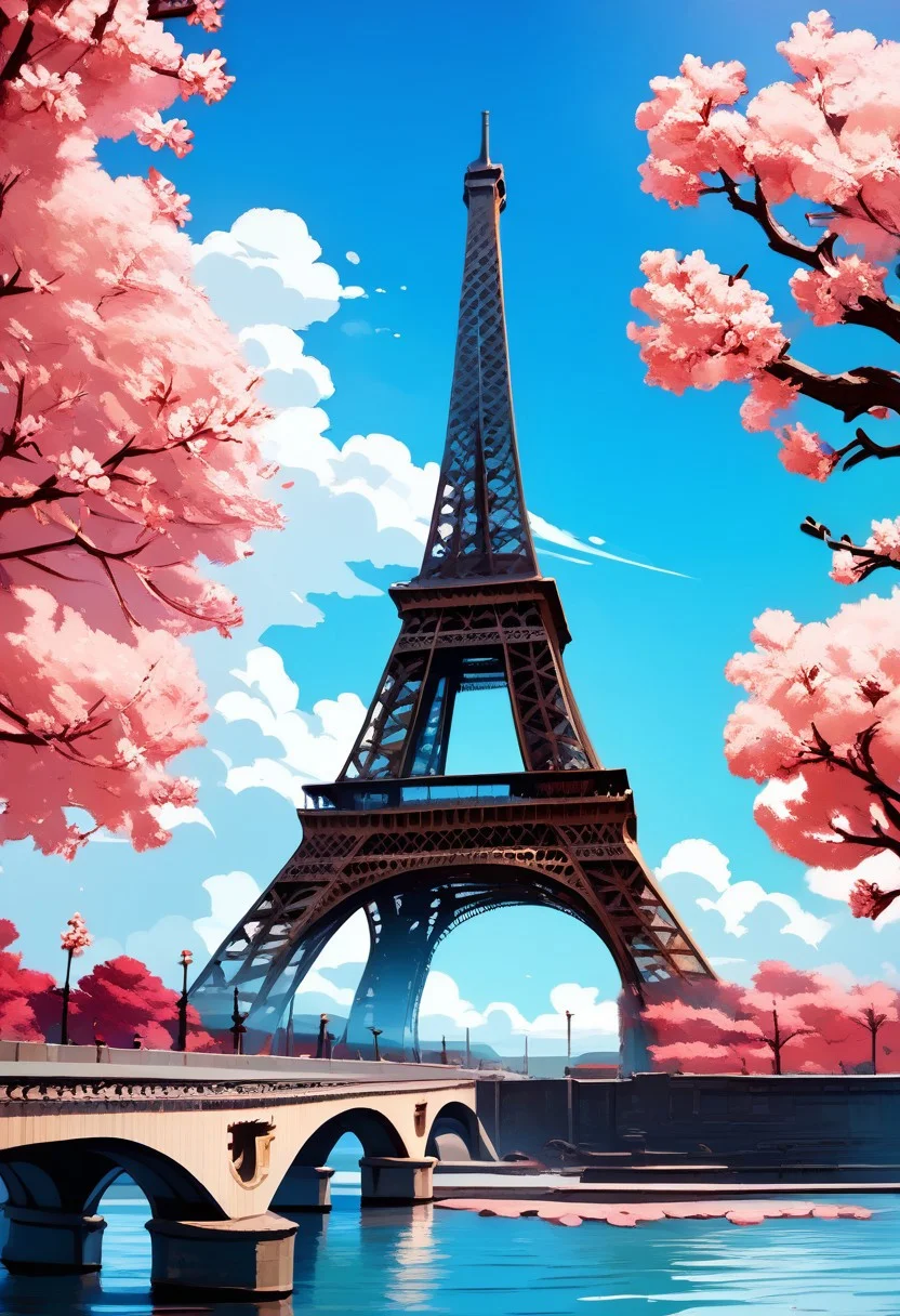 score_9, score_8_up, score_8, medium breasts, (curvy), cute, eyelashes,
rating safe,
BREAK,
zzEiffelTower, outdoors, sky, day, cloud, water, tree, blue sky, no humans, cloudy sky, cherry blossoms, scenery, watercraft, bridge, river,
BREAK,
abstract background,
zPDXL, Expressiveh