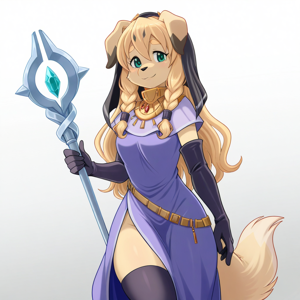 masterpiece, best quality, amazing quality, very aesthetic, high resolution, ultra-detailed, absurdres, newest, lonbluewolf BREAK 1girl, solo, El4ine, anthro, furry female, dog girl, body fur, tan fur, blonde hair, long hair, twin braids, floppy ears, yellow thick eyebrows, black nose, snout, green eyes, tail, purple robe, gold collar jewel, white high collar, black veil, black elbow gloves, black thighhighs, standing, looking at viewer, smile, happy, holding staff, silver staff, simple background, white background