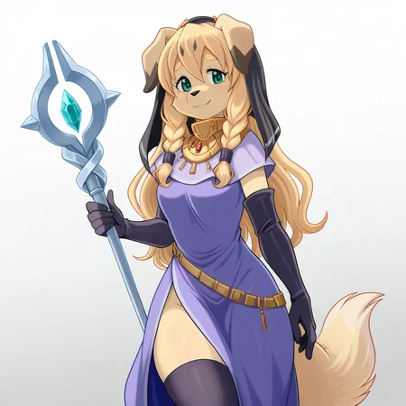 masterpiece, best quality, amazing quality, very aesthetic, high resolution, ultra-detailed, absurdres, newest, lonbluewolf BREAK 1girl, solo, El4ine, anthro, furry female, dog girl, body fur, tan fur, blonde hair, long hair, twin braids, floppy ears, yellow thick eyebrows, black nose, snout, green eyes, tail, purple robe, gold collar jewel, white high collar, black veil, black elbow gloves, black thighhighs, standing, looking at viewer, smile, happy, holding staff, silver staff, simple background, white background