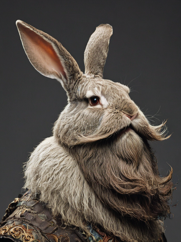 side-view, depiction of an epic bunny which is sporting a beard and mustache ready for battle,  <lora:- SDXL - brdanmu_ beard_mustache_V1.0:.8>