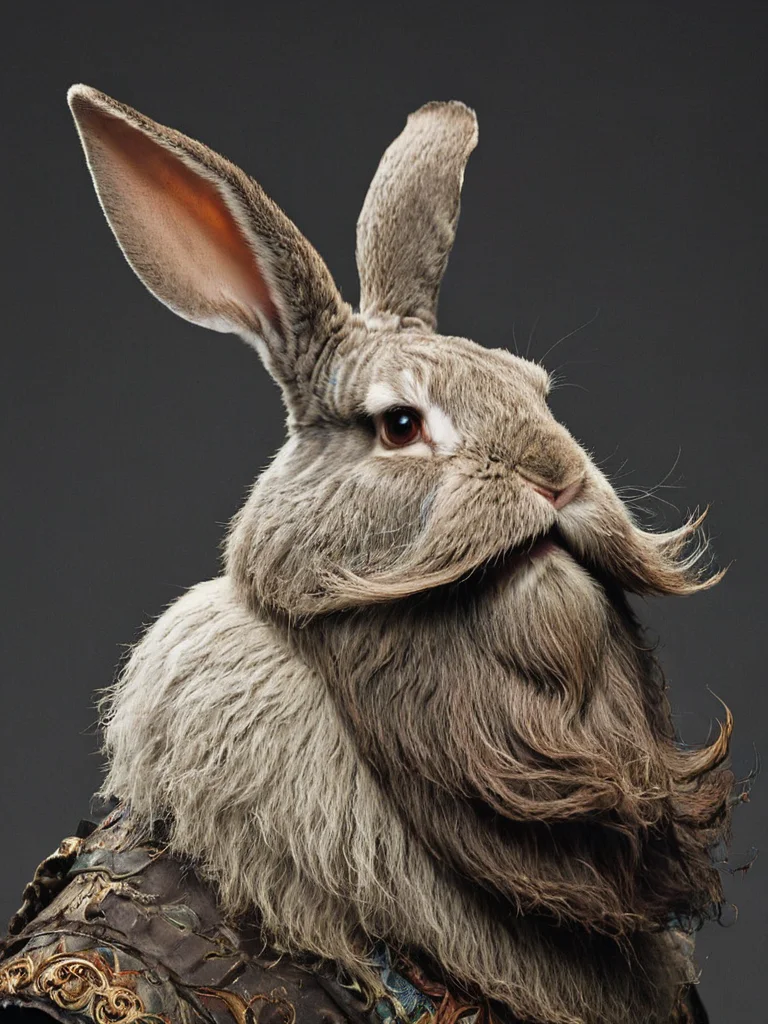 side-view, depiction of an epic bunny which is sporting a beard and mustache ready for battle, <lora:- SDXL - brdanmu_ beard_mustache_V1.0:.8>