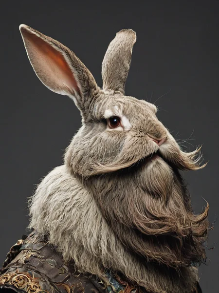 side-view, depiction of an epic bunny which is sporting a beard and mustache ready for battle, <lora:- SDXL - brdanmu_ beard_mustache_V1.0:.8>