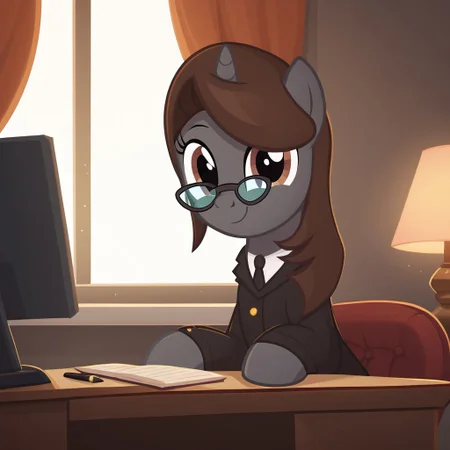 score_9, score_8_up, score_7_up, score_6_up, score_5_up, score_4_up, (oc:sonata, glasses, attorney suit, clothed), pony, (show accurate:1.3), beautiful, cute, best high quality, high res, female, office, sitting, sitting at desk, sitting in office chair, books, folders, pen, lamp, looking at you, smiling, window, curtains, sunlight,, warm smile, closed mouth, window, sweet dreams fuel