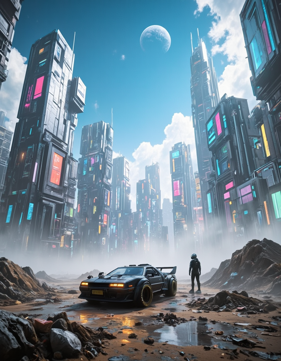 <lora:CWMinis01v2flux:1> cw01mini, cyberpunk, high city buildings, cyberpunk car, person, glow, illuminated, mist, blue sky, clouds, garbage, sand, dirty, neons, day, planet, low angle shot,