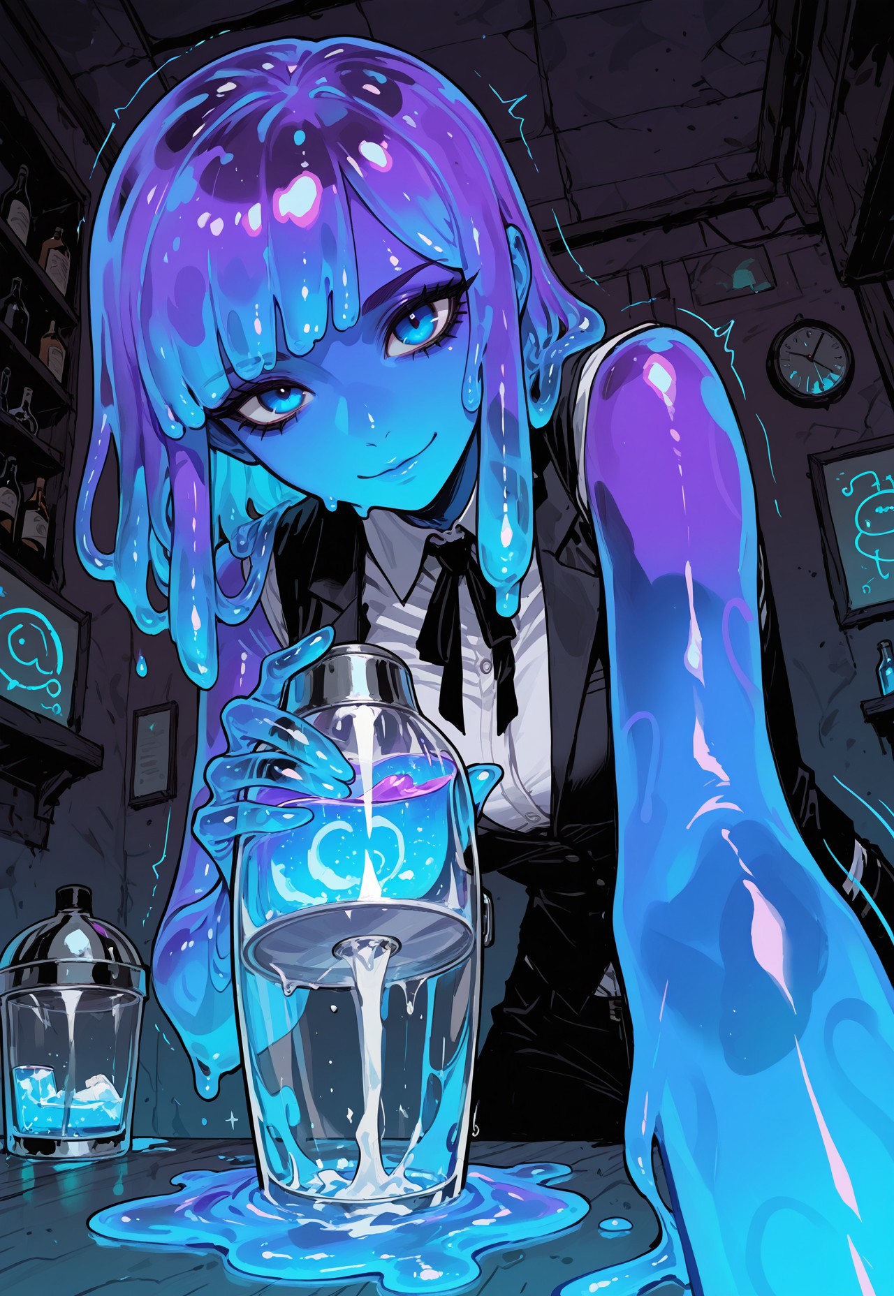score_9, score_8_up, score_7_up, masterpiece, best quality, very aesthetic, 1girl, incoth, (incase:0.6), detailed face, (dynamic:1), stylized, illustration, r17329_illu, slime girl, barkeeper, bar, elegant outfit, purple slime, long slime hair, dripping, cocktail-shaker, shaking, looking at viewer, badass, blue eyes, drinks, glow, sleeveless, vest, perspective, transparent head, movement, motion lines, from below