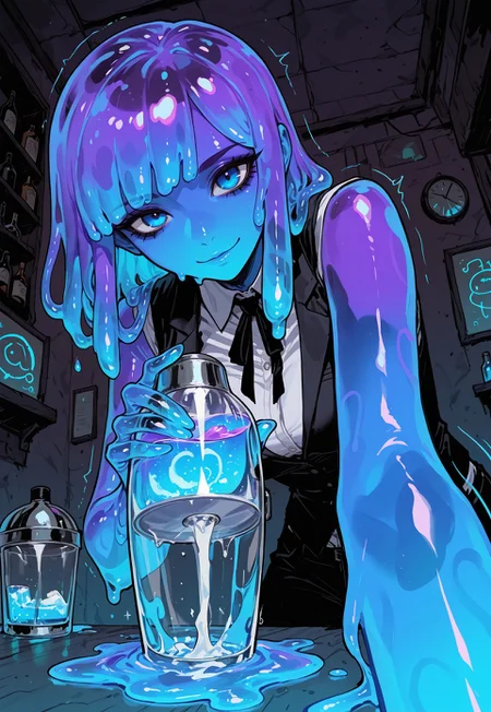score_9, score_8_up, score_7_up, masterpiece, best quality, very aesthetic, 1girl, incoth, (incase:0.6), detailed face, (dynamic:1), stylized, illustration, r17329_illu, slime girl, barkeeper, bar, elegant outfit, purple slime, long slime hair, dripping, cocktail-shaker, shaking, looking at viewer, badass, blue eyes, drinks, glow, sleeveless, vest, perspective, transparent head, movement, motion lines, from below