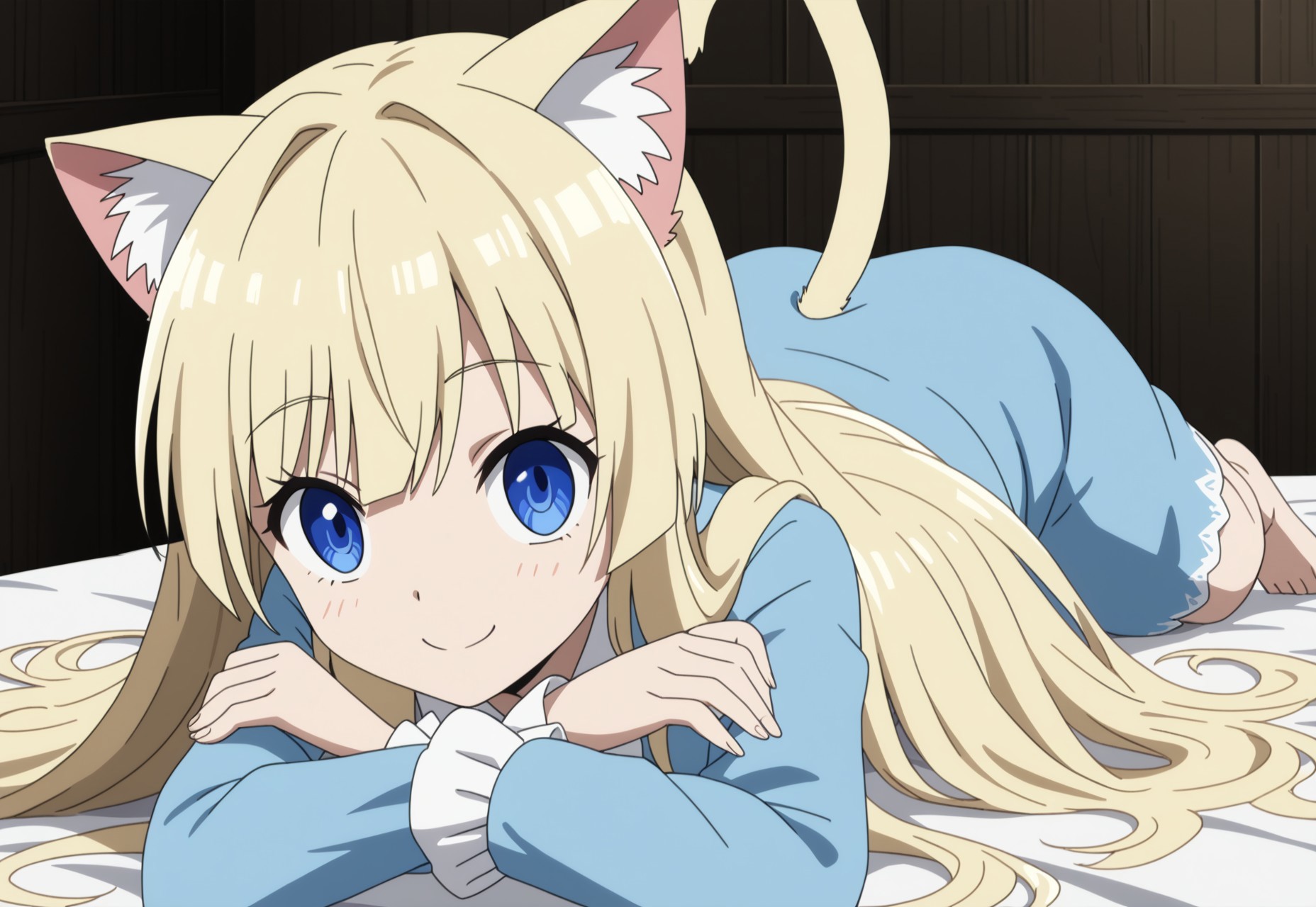 safe_pos, safe_pos, safe_pos, safe_pos, safe_pos, safe_pos, safe_pos, Style: anime style, original anime style, anime graphics, anime, anime source, clean lines, smooth gradients, smooth shading, typical anime style

BREAK

Quality: , score 9, score 8 high, colorful, highest quality, 8k resolution, high-end resolution, perfect picture, masterpiece

masterpiece, best quality, anime source, anime colors, detailed details, intricate details, anime scene,

BREAK

Person: a girl, 18 years old, 161 cm tall, waist-length hair, loose hair, light golden blonde hair, loose straight hair, blue eyes, blonde cat ears, detailed eyes, blonde cat tail, thin, very petite, incredibly cute, masterpiece, best quality, very aesthetic, loose long hair falling over the sides of the head, detailed face, petite figure, small breasts (size 90 B), side bangs, Blone cat Tail!

BREAK

Clothing: medieval, light blue pajamas

BREAK

Setting: inside, bedroom

BREAK

Pose and perspective: front view, in bed, focus on face, lying on stomach, extreme zoom on face, extremely detailed face, extremely detailed eyes, loving smile, strong light reflection in the eyes, overexposure, arms crossed under head, bent knees, closed mouth, head on arms