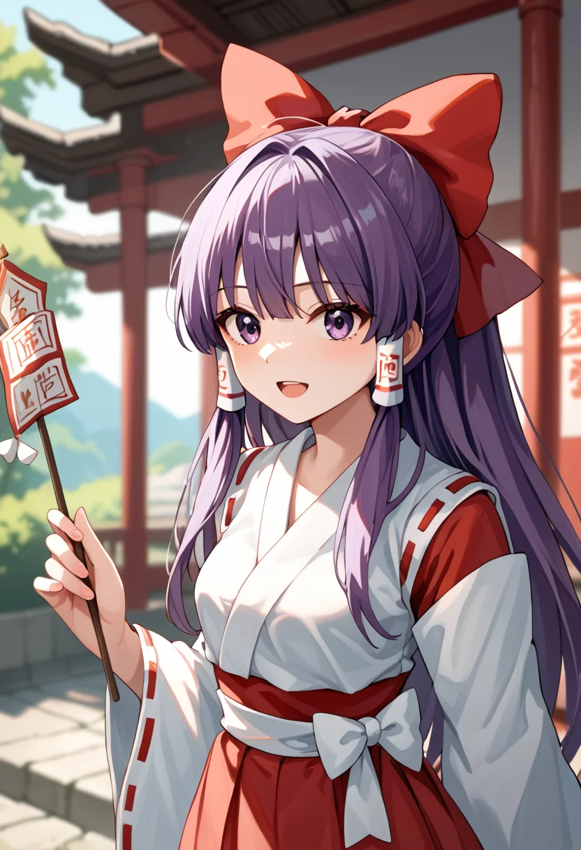 score_9_up, score_8_up, score_7_up, BREAK source_anime, (masterpiece), (best quality), 1girl, solo, bow, hakurei reimu (pc-98), hair bow, japanese clothes, long hair, red bow, hair tubes, purple hair, open mouth, blurry background, shrine, gohei stick, <lora:Hakurei_reimu(PC-98)-V1:1>