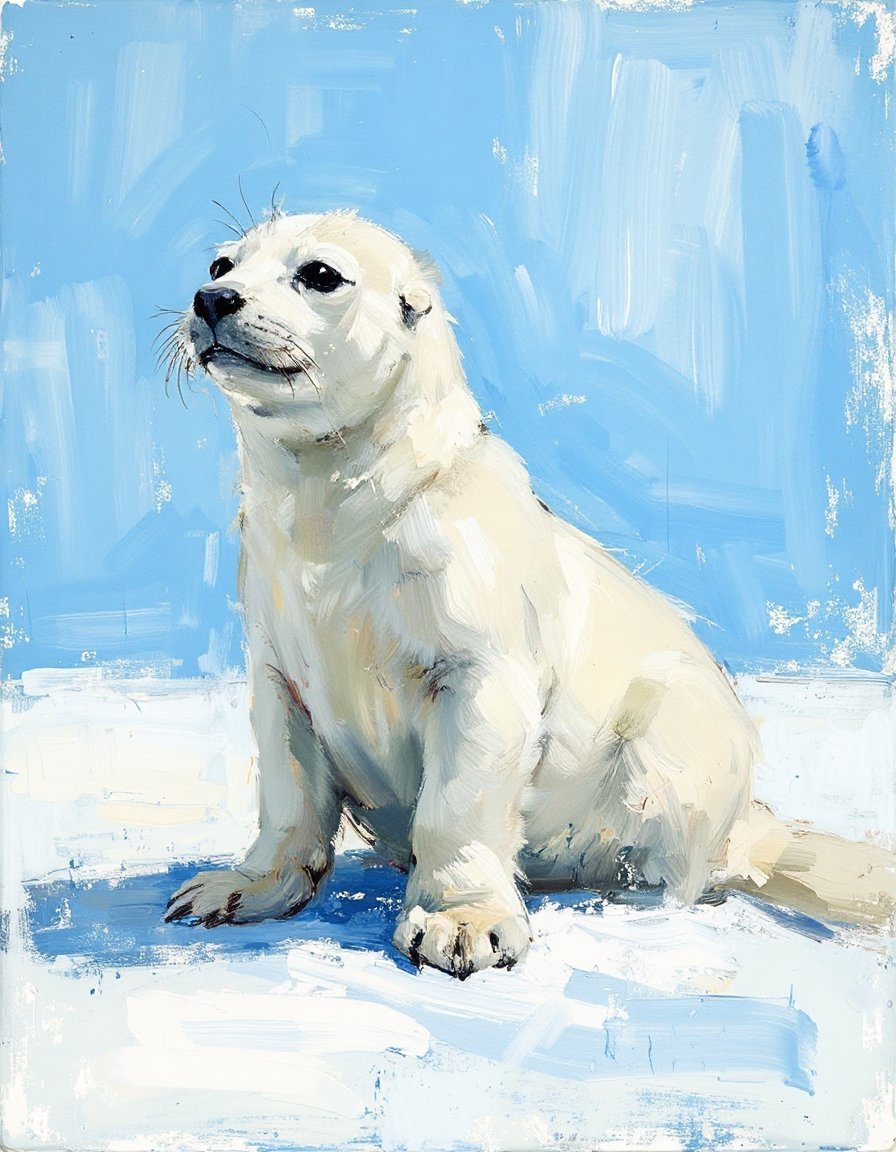 sketch painting closeup of an adorable baby white seal on ice and snow under a brilliant blue sky