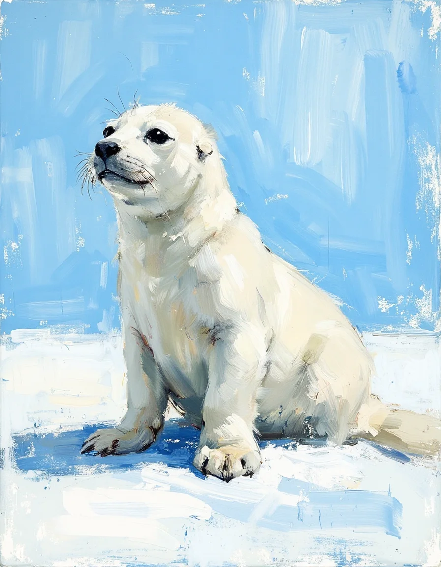 sketch painting closeup of an adorable baby white seal on ice and snow under a brilliant blue sky