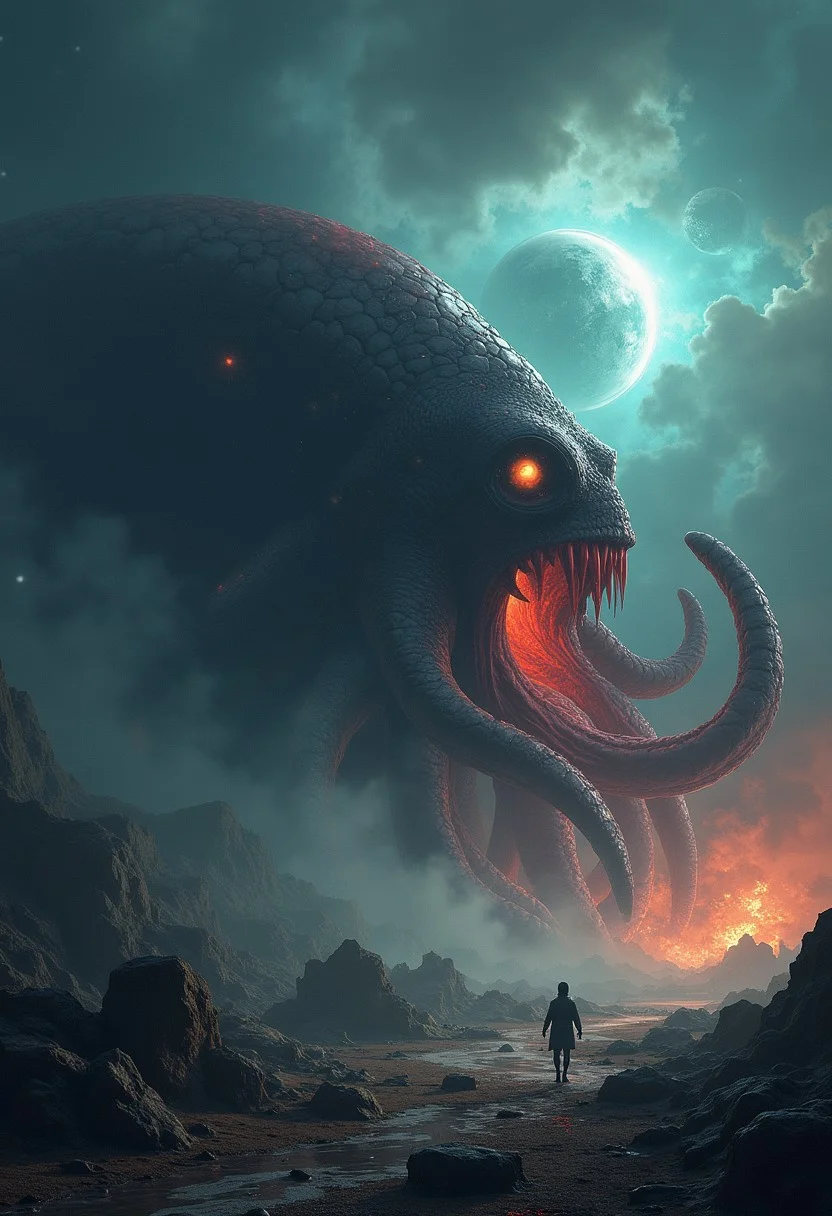 a highly detailed world eating space squid after having swallowed a planet, moves slowly towards Earth with evil intent. The imposing monster leaves nothing but destruction and darkness in it's wake. It belongs in an apocalyptic horror movie.