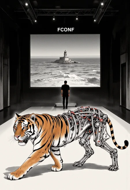 An image in style of ink wash painting, featuring a cybernetic tiger walking towards the left of the frame, captured from a side profile. The tiger has a ((natural organic front half)) with detailed fur texture, while its ((rear half is exposed mechanical)), revealing intricate (metal skeleton, wires, and tubes) without skin. The tiger's ((eyes glow red)) intensely, symbolizing its synthetic nature. It walks across a technology exhibition platform in the center of the composition, with (focus on the tiger's head and face). Behind the platform lies complete darkness except for a large projection screen showing a vast ocean with a solitary lighthouse standing against the dark horizon. The screen features a black background with the title ((FConf)) prominently displayed in the center. The stark contrast between the biomechanical tiger and the minimalist projected seascape creates a compelling visual narrative. <lora:Shuimozhuangshi_Ink_wash_painting_style_v2.7:1>