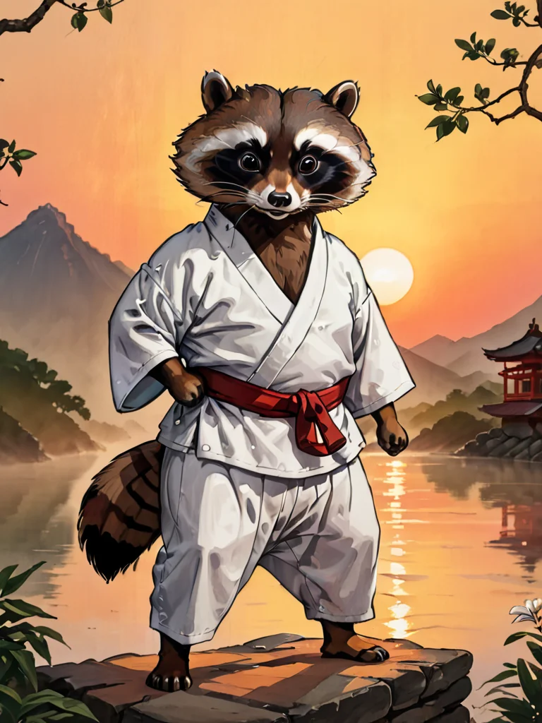 portrait kung-fu master raccoon in white kimono at sunset, Genrih Valk illustration <lora:Childrens_book_illustration_by_Genrih_Valk:0.85>