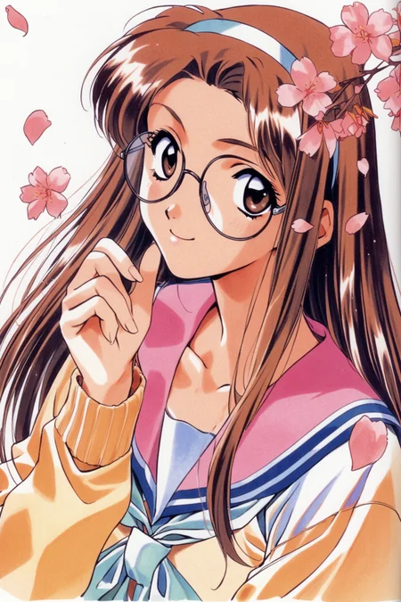 Miyuki Hosaka,1girl,solo,brown hair,school uniform,brown eyes,hairband,glasses,smile,petals,long sleeves,white background,upper body,flower,1990s \(style\),looking at viewer,simple background,serafuku,long hair,round eyewear,traditional media,retro artstyle,cherry blossoms,<lora:Mizutani Tooru_XL:0.8>,