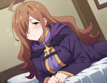 score_9, score_8_up, score_7_up, source_anime,
konosubawiz, <lora:konosuba-wiz-s1s2-ponyxl-lora-nochekaiser:1>,
wiz, ahoge, brown eyes, light brown hair, hair over one eye, long hair, mature female,
cross, dress, hood, hood down, jewelry, latin cross, long dress, long sleeves, purple dress, robe, purple robe,
indoors, bed, bed room, on side, blush, drunk,
looking at viewer, dutch angle, cowboy shot,