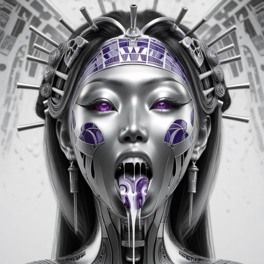 <lora:Kali_Yuga_Kali:1> kali, 
makeup, mechanical parts, long hair, facial, closed eyes, purple themed, portrait, greyscale, cum, science fiction, white background, open mouth, japanese woman, psychedelic background, forked tongue, egyptian themed, cumsplash,
