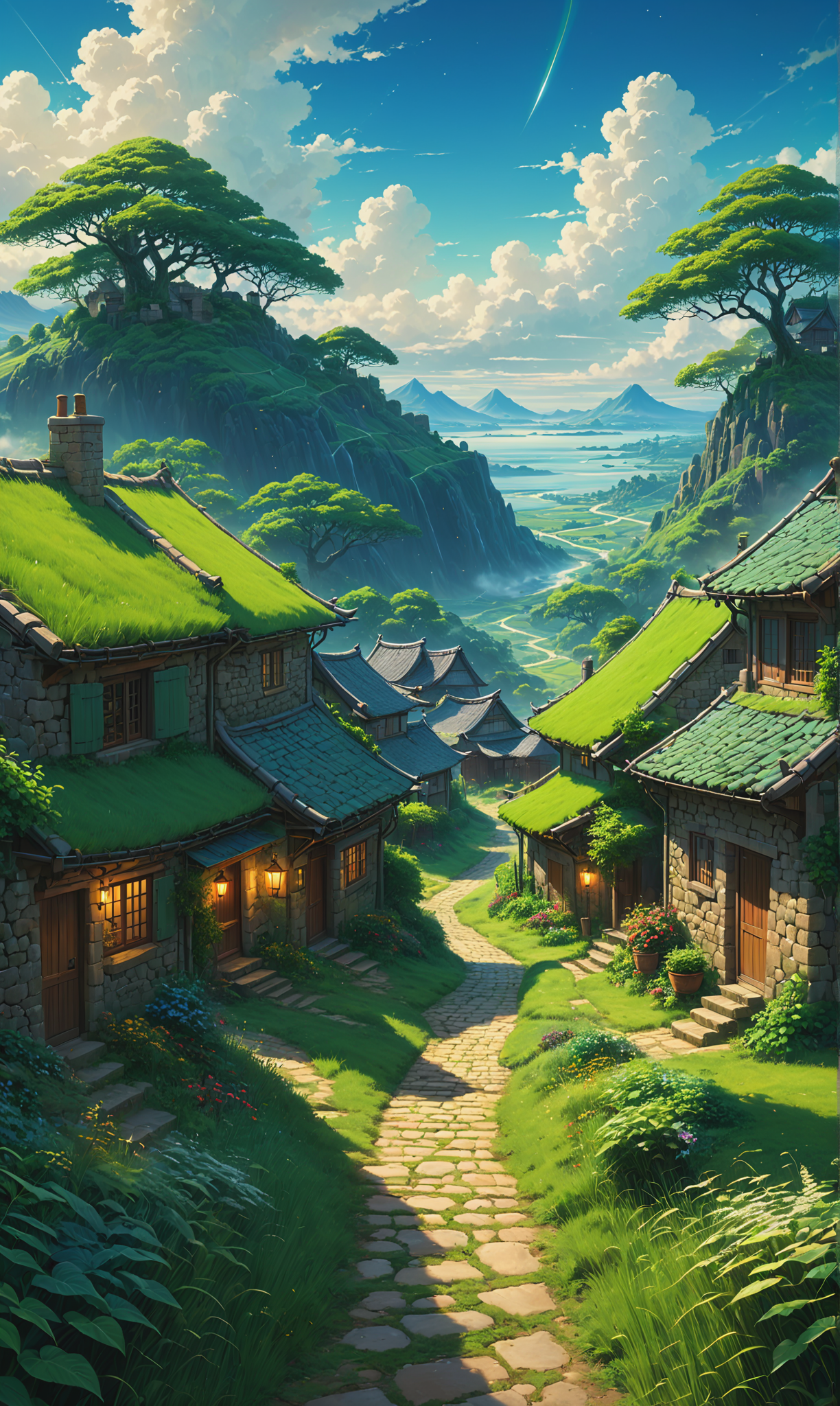 Rustic village, houses nestled intimately, cobblestone footpaths intertwine, nested amid lush verdant fields, a heavenly realm's ethereal glow encapsulates the vision, an amalgamation of Greg Rutkowski's fantasy landscapes, Loish's charming characters, Rhads' dramatic skies, Beeple's hyper-detailed elements, Makoto Shinkai's ethereal atmospheres<lora:xl_more_art-full_v1:0.3> <lora:lora:0.6>