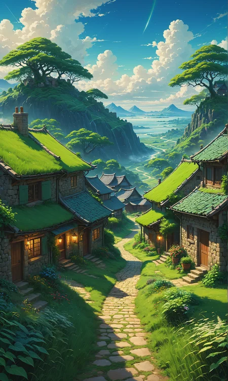 Rustic village, houses nestled intimately, cobblestone footpaths intertwine, nested amid lush verdant fields, a heavenly realm's ethereal glow encapsulates the vision, an amalgamation of Greg Rutkowski's fantasy landscapes, Loish's charming characters, Rhads' dramatic skies, Beeple's hyper-detailed elements, Makoto Shinkai's ethereal atmospheres<lora:xl_more_art-full_v1:0.3> <lora:lora:0.6>