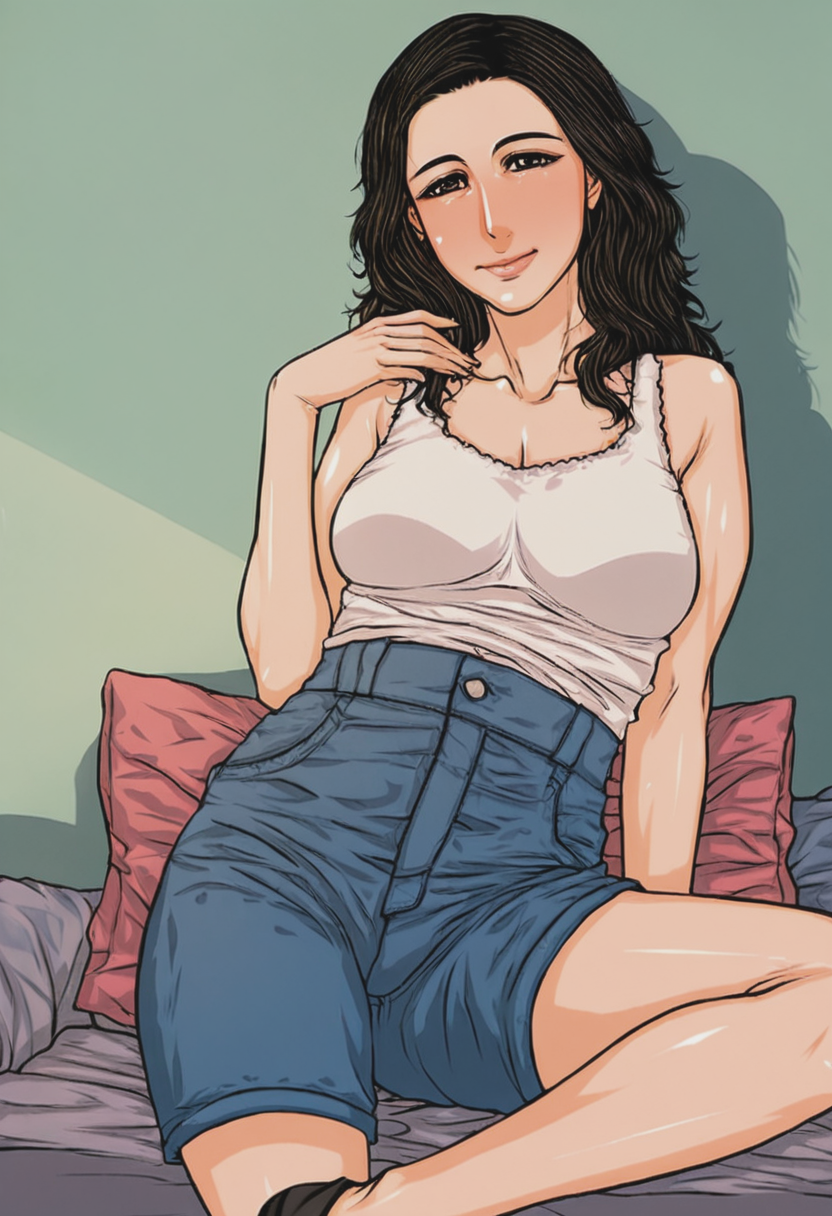 score_9, score_8_up, score_7_up, source_cartoon, 1girl, large_breasts, mature_female, solo, looking_at_viewer, open_eyes, Sitting with legs tucked under, perspective, Viridian Caftan, wavy hair, mohican, Soft Black hair, dock, lower_body, rating_safe, <lora:pony\artist_styles\yamaoka_koutetsurou_pony:1.0>