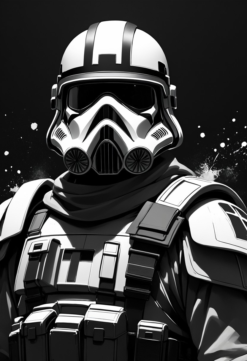 score_9, score_8_up, score_7_up, line drawing, portrait of stormtrooper <lora:StormTrooperE10:0.6>, armor, helmet, monochromemuse, monochrome, greyscale, ink splatter, black background