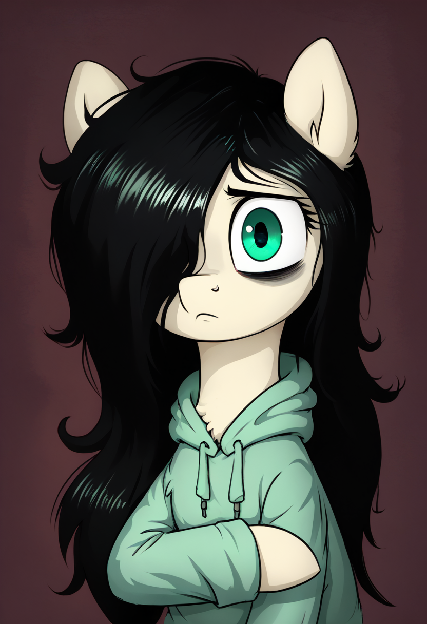 score_9, score_8_up, score_8,   <lora:Floor_Bored_MLP_OC_for_PonyXL:0.8> mare, 1girl, fl00rb0red, pony, long hair, green eyes, black hair, hoodie, hair over one eye, bags under eyes, solo