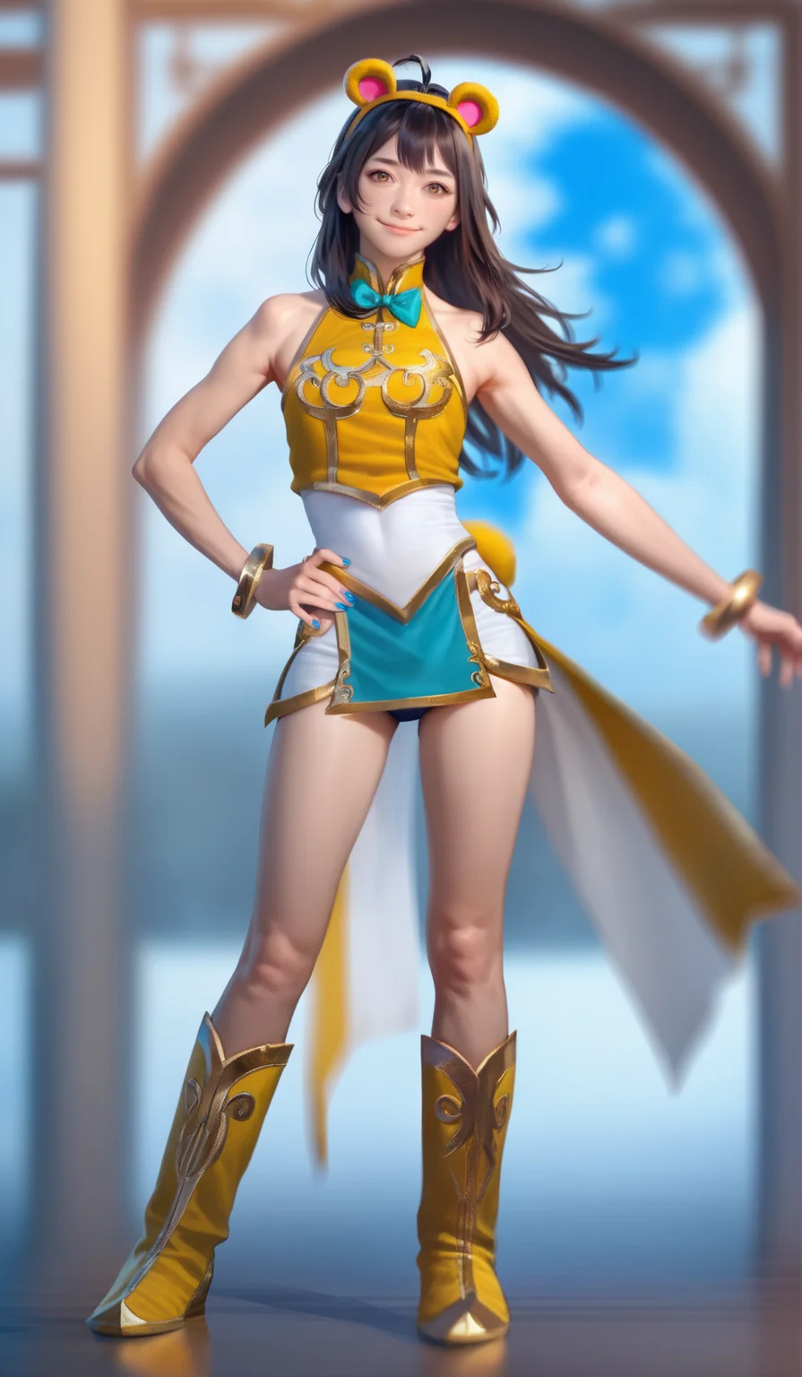 score_9,score_8_up,score_7_up,
<lora:xinxianying:0.9>,xinxianying,
highres,photorealism,bloom,
highres,photorealism,bloom,
1girl,solo,long black hair,bangs,ahoge,bear ears headband,yellow eyes,smile,
gold and white dudou,gold and white short skirt,gold boots with intricate designs,dark blue underpants,cyan bowtie,brass bracelets,blue fingernails,
full body,
blurry background,
indoors,
blue sky,cloud,
light particlest,Lens Flare,