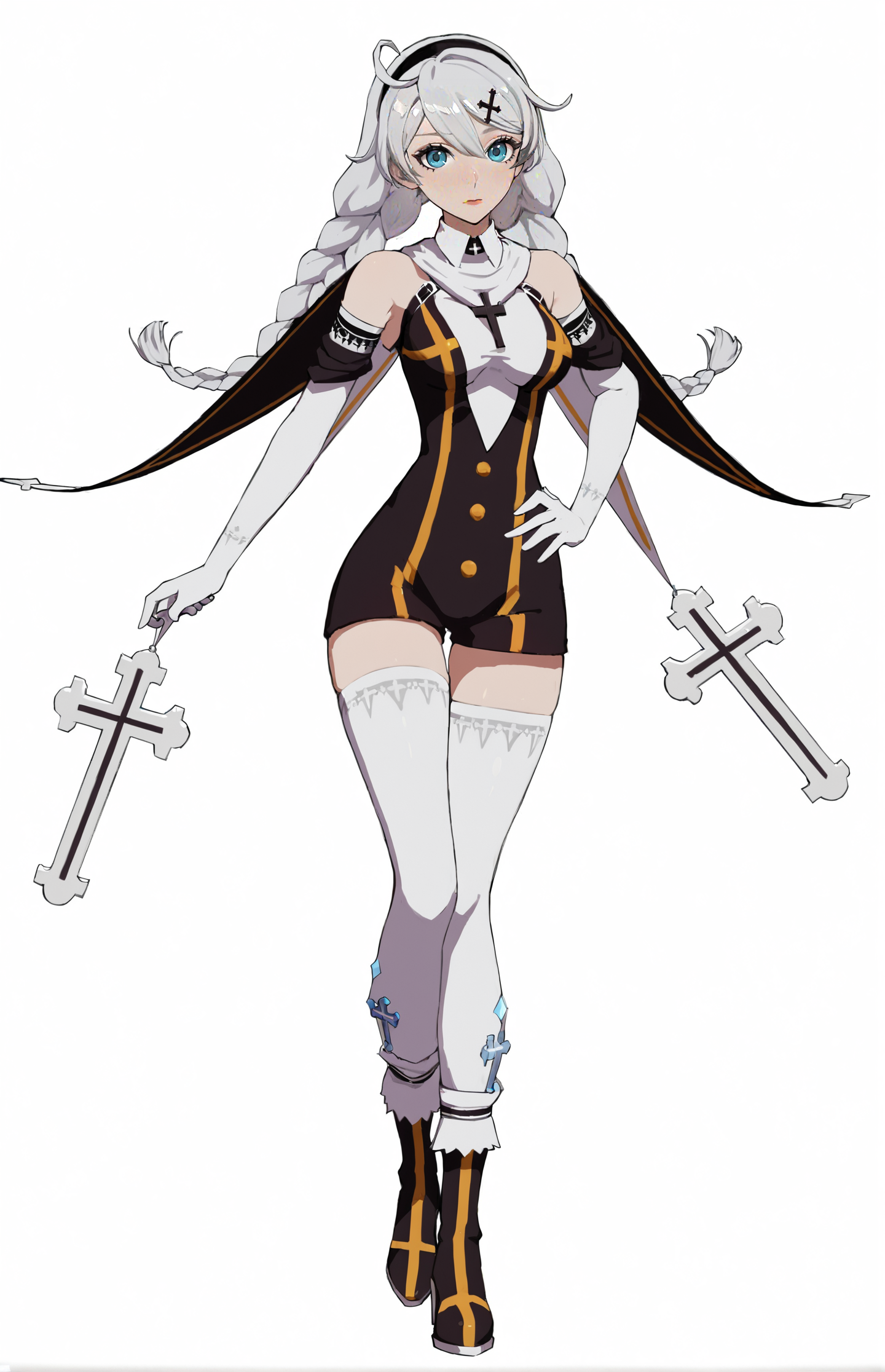 8k, best quality, masterpiece, (ultra-detailed:1.1), (high detailed skin), 
(full body), white background, standing, looking at viewer, (solo), hand on hip, 
<lora:kiana-young-A3-Tanger-000011:0.7>, kiana kaslana, shennv, 8th clothes, 1girl, nun, braid, twin braids, bare shoulders, bangs, boots, white thighhighs, gloves, hair ornament, long hair, 
(beautiful_face), ((intricate_detail)), clear face, 
((finely_detailed)), fine_fabric_emphasis, 
((glossy)), full_shot,