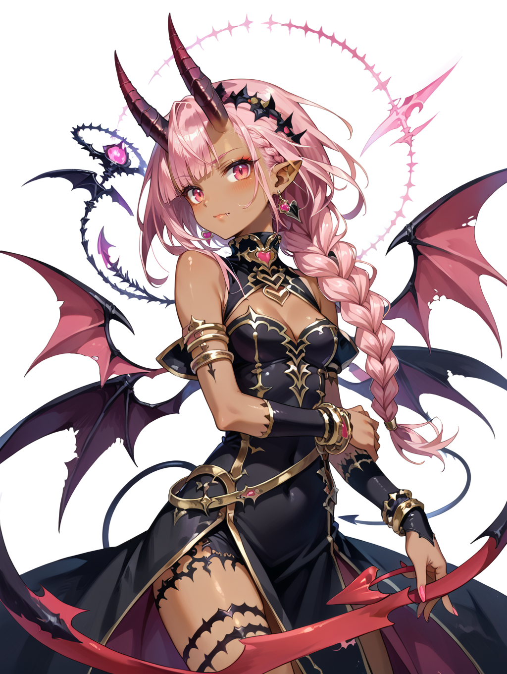 score_9, score_8_up, score_7_up,source_anime, <lora:style008:0.8>,
phantasma, pink hair, pink eyes, braid, horns, dark-skinned female, braid, demon girl, demon wings, demon tail