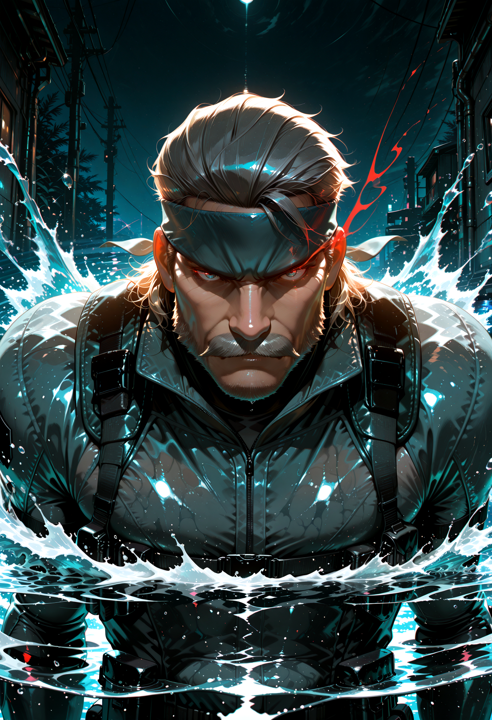 lazympos,very aesthetic, absurdres, highres, newest, HDR, 8K, high detail, smooth shading, glossy surfaces, subtle, high contrast, dak depth, intricate detailed, colored lighting, night, 
1boy, mature male, 50yo, Solid Snake\(metal gear solid\), grey moustache, bandana, (eye trail), water, dak depth, masterful shading, low kye, chromatic aberration, dark theme