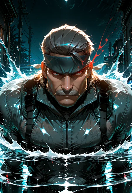 lazympos,very aesthetic, absurdres, highres, newest, HDR, 8K, high detail, smooth shading, glossy surfaces, subtle, high contrast, dak depth, intricate detailed, colored lighting, night,
1boy, mature male, 50yo, Solid Snake\(metal gear solid\), grey moustache, bandana, (eye trail), water, dak depth, masterful shading, low kye, chromatic aberration, dark theme