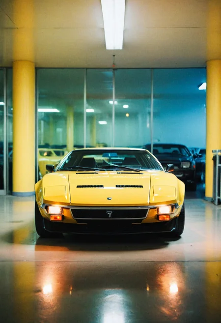 analog film photo (Sportscar gleaming yellow DeTomaso Pantera, front view, indoors), white neon lights, (stylish, film grain:1.3) . faded film, desaturated, 35mm photo, grainy, vignette, vintage, Kodachrome, Lomography, stained, highly detailed, found footage