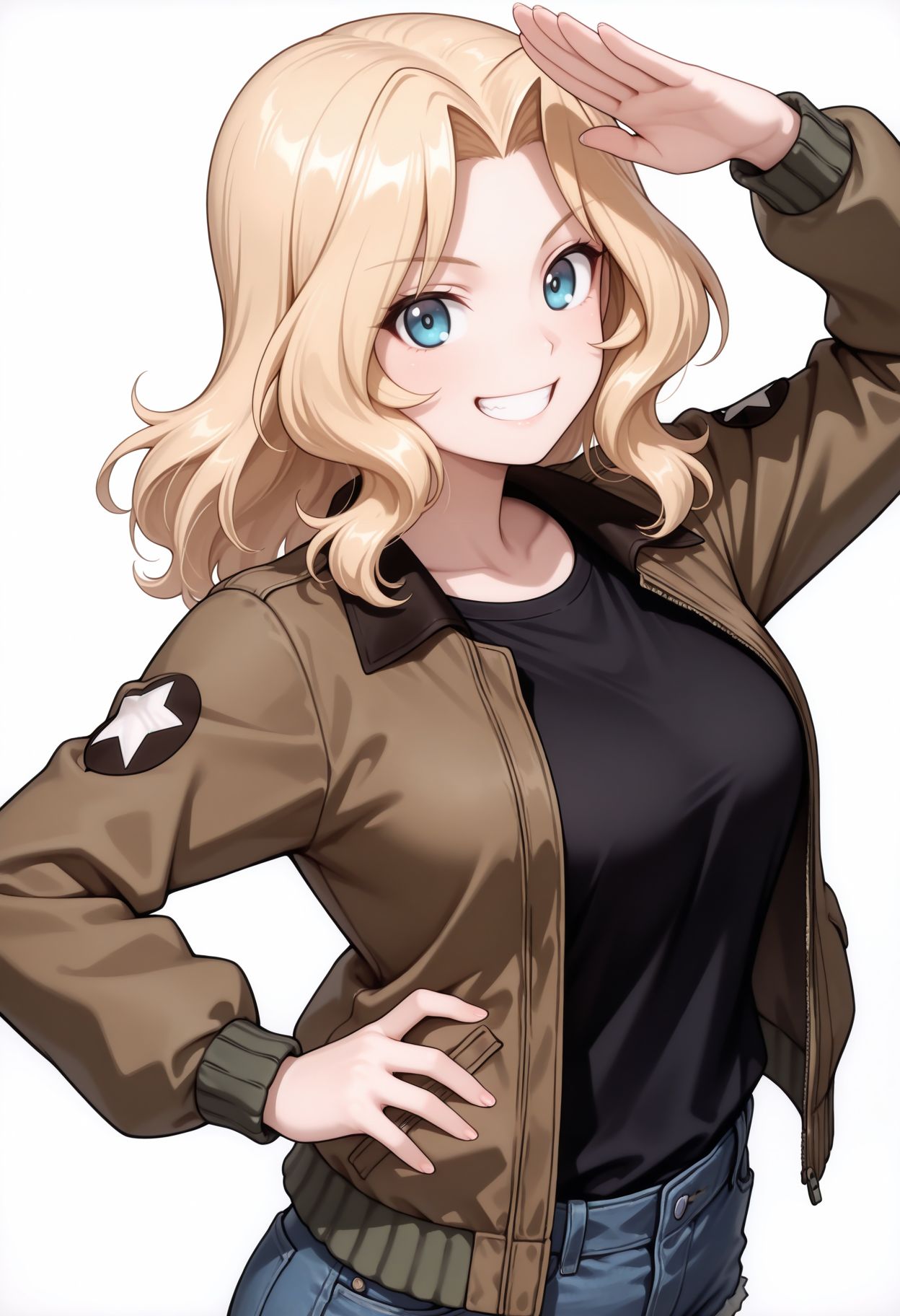 masterpiece,best quality,absurdres,highres,very aesthetic,high quality,detailed,insanely,  looking at viewer, 
 <lora:Kay illu v2 :0.9>, white background, salute, upper body,  smile, grin, standing,
1girl, blonde hair, hair intakes, blue eyes, 
saunders military uniform,brown jacket,open jacket,long sleeves,emblem,black shirt,black top,denim shorts,