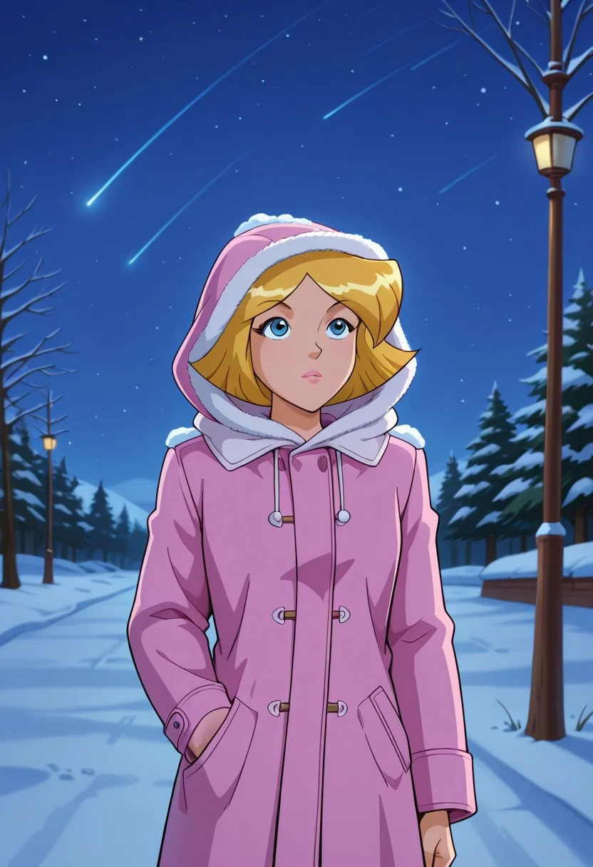 masterpiece, best quality, good quality, 1girl, solo, cartoon, parody, official style, cl0ver_totally_spies, short hair, blonde hair, blue eyes, coat, hood up, looking up, outside, snow, cold, walking, forrest, night, night sky, shooting stars, sexy, beautiful, detailed, high detailed, very beautiful, detailed face, detailed eyes,