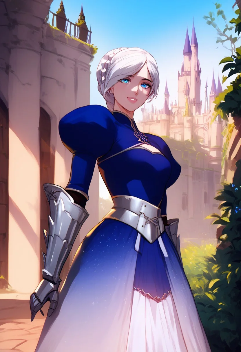 (score_9, score_8_up, score_7_up, high quality, best quality, ultra-detailed, very aesthetic, illustration, perfect composition, intricate details, absurdres, high res image, masterpiece, vibrant colors, beautiful face, detailed face, 1girl, solo focus, perfect eyes, detailed eyes), female, weissatlas, scar across eye, blue eyes, long hair, blue eyes, braided ponytail, pale skin, full lips, large thighs, perfect body, fit body, voluptuous, medium breasts, curvy body, narrow-waisted, wide hips, (breastplate, blue dress, gauntlets, juliet sleeves, faulds), (teasing expression, small smile, suggestive pose), (outdoors, castle, fantasy, medieval architecture)