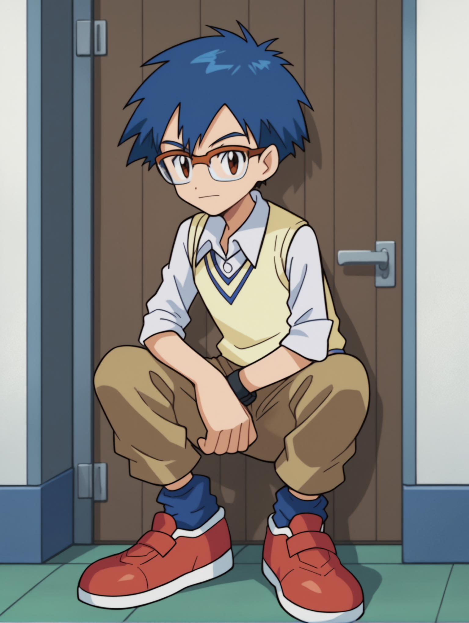 score_9, score_8_up, score_7_up, score_6_up, score_5_up, score_4_up, source_anime, BREAK
looking at viewer,  <lora:Digimon:0.8> digimon, 1boy, solo, jo, brown eyes, blue hair, glasses, white shirt, collar, sweater vest, brown shorts, blue socks, white and red shoes,