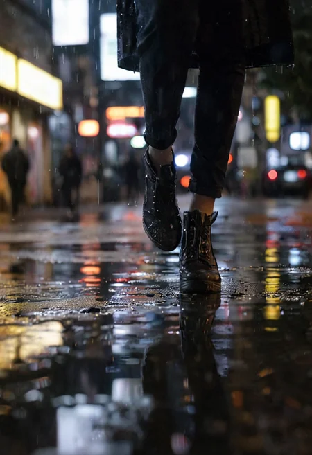 in a city at night, rain, artificial light, puddles