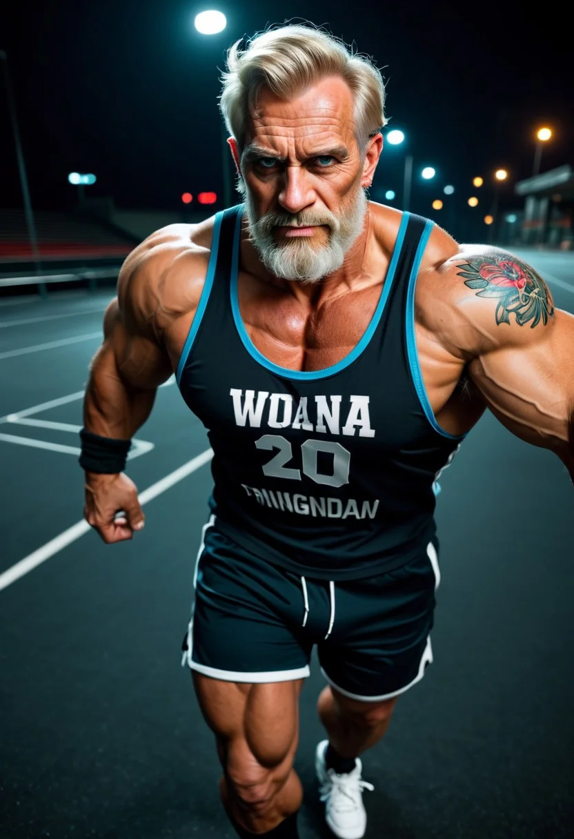 score_9, score_8_up, score_7_up, score_6_up, dark background, nighttime, night, dark lowlight photography, realistic, old male, pov from side, old granddad, thin, tall, tanned skin, colorful tattoos, heavy metal rock tattoos, strong tan, wearing blue long cargoshorts, 3/4 cargoshorts, skater, sweatbands, loose white muscleshirt, v-neck sleeveless tshirt, hairy armpits, old granddad, wrinkles, short blonde hair, blonde beard, german grandpa, thin waist, strong big arms,
walking towards viewer, slow walk,
closeup seen from above, closeup, pov above, portrait,
working out in the gym, training center,
