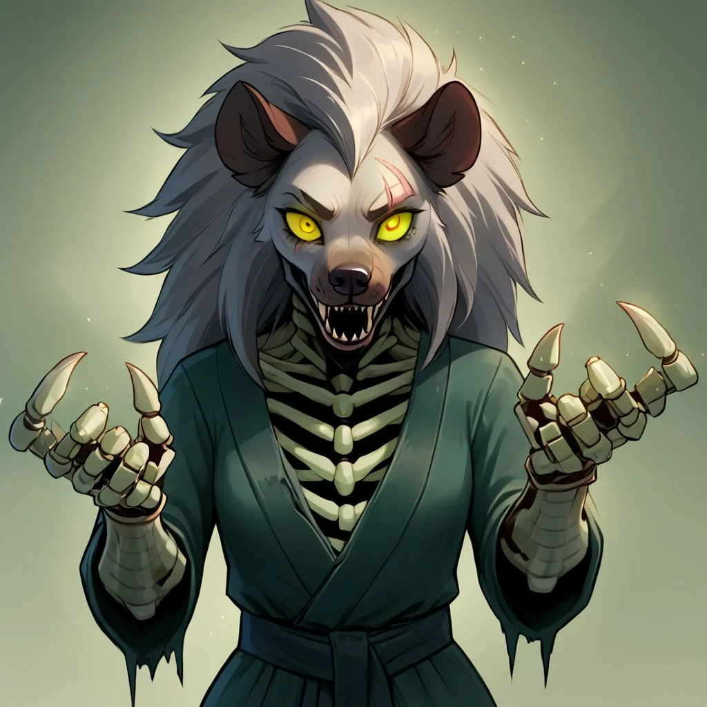 Solo, female, gnoll, black rotting fur, messy fur, glowing green left eye, blind right eye, scar over right eye, skeleton hands, claws, necromancer robe, eldritch, ugly green magic in skeleton hands, hyena anthro, undead anthro