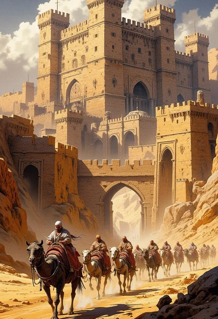 a medieval merchant caravan of camel-drawn wagons approaches the city gates of a fortified eastern medieval city in an arid landscape, with a colossal eastern medieval castle of sand-coloured stones, with buttresses and crenelations, in the background of the city, on a dusty desert environment, directional lighting, stormy sky